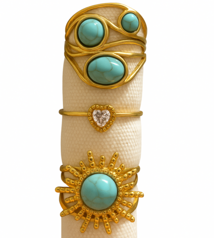 Pack de anillos dorados ajustables con piedras turquesa, elegantes y resistentes.