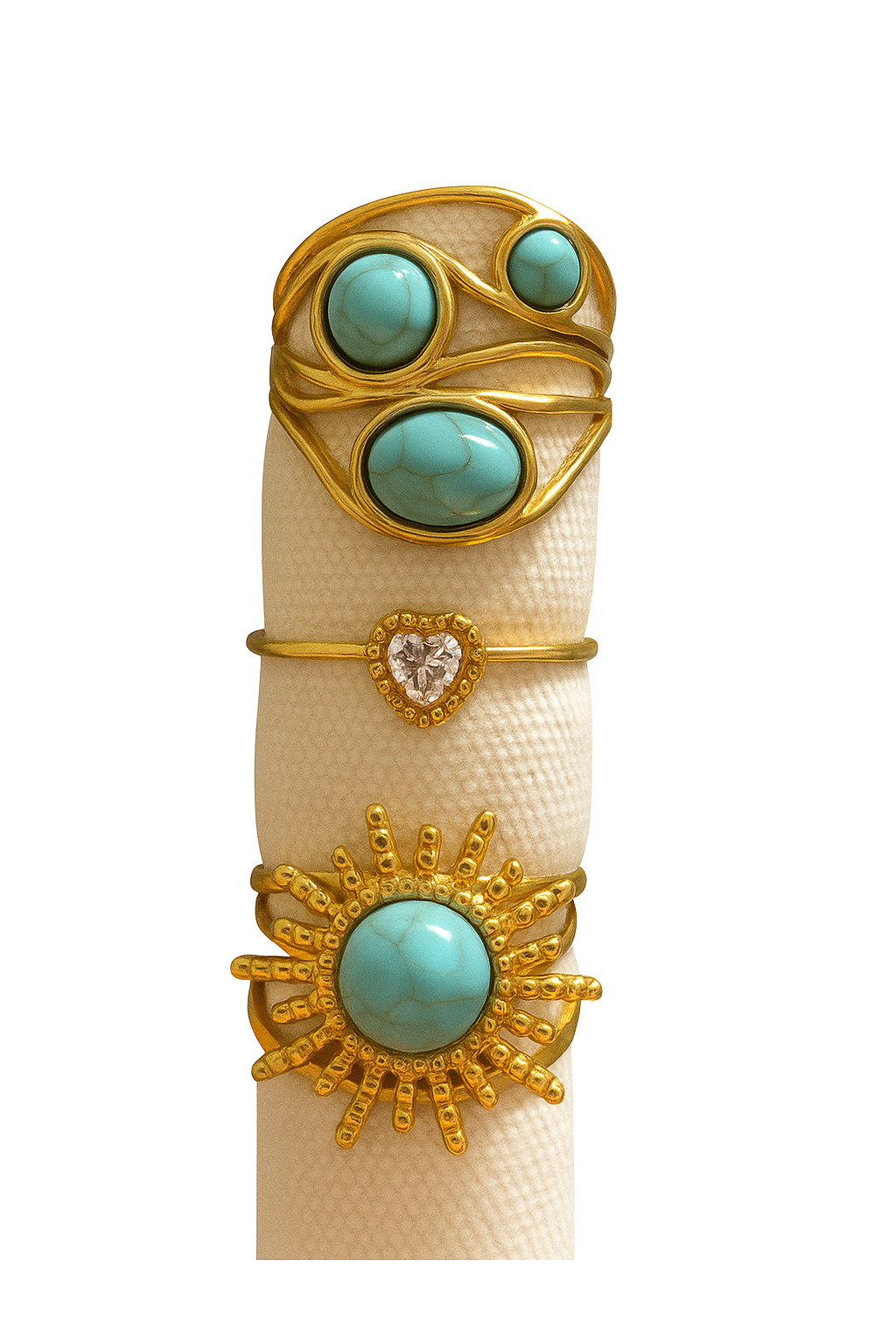 Pack de anillos dorados ajustables con piedras turquesa, elegantes y resistentes.